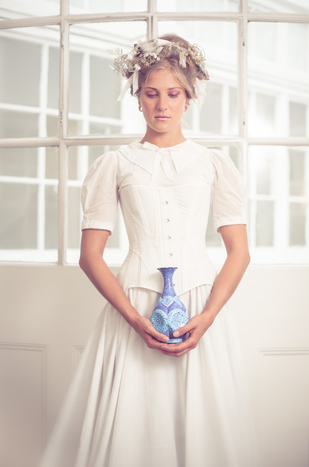 White cotton Edwardian demibust paired with voile blouse and cotton skirt